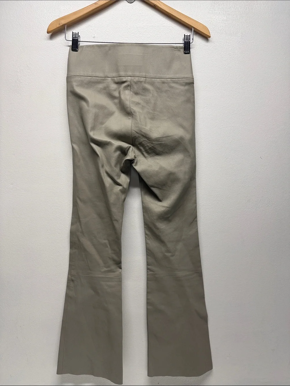 Sprwmn Leggings 100% Lamb Leather Flare Pants Wide Waist Stretch Beige Size XS